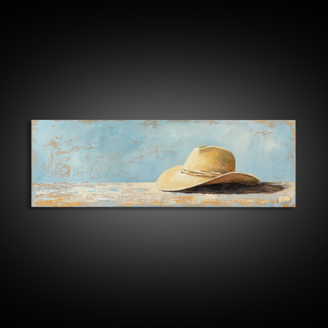Wide Brim Straw Hat Wall Art, Neutral Coastal Decor, Beach House Print, Summer Bedroom Decor, Minimalist Canvas Gift For Her