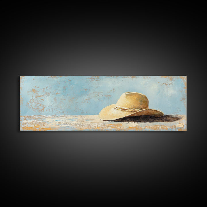 Wide Brim Straw Hat Wall Art, Neutral Coastal Decor, Beach House Print, Summer Bedroom Decor, Minimalist Canvas Gift For Her