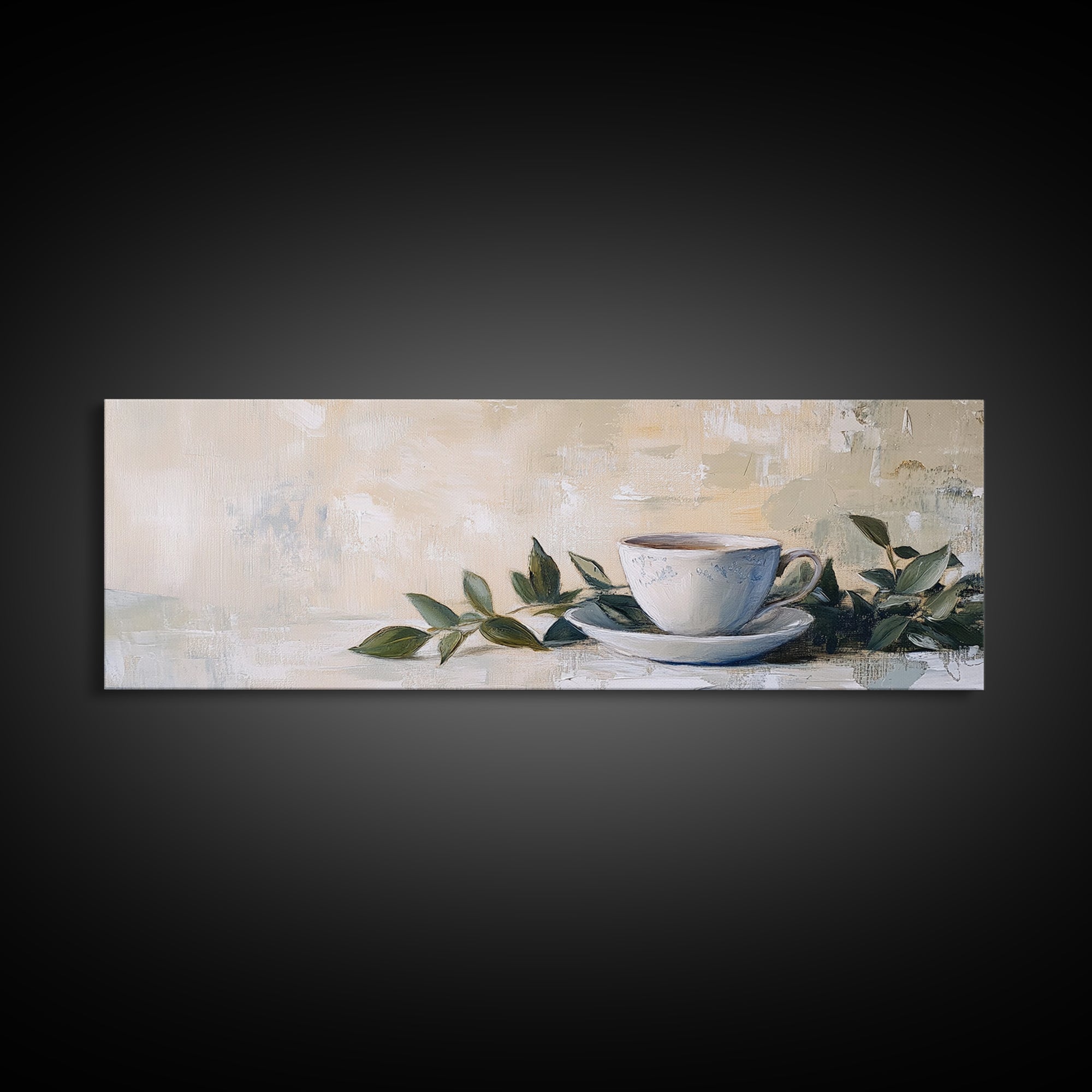 White Teacup With Green Leaves Canvas Print, Neutral Kitchen Wall Art, Rustic Home Decor, Cozy Cafe Art, Housewarming Gift