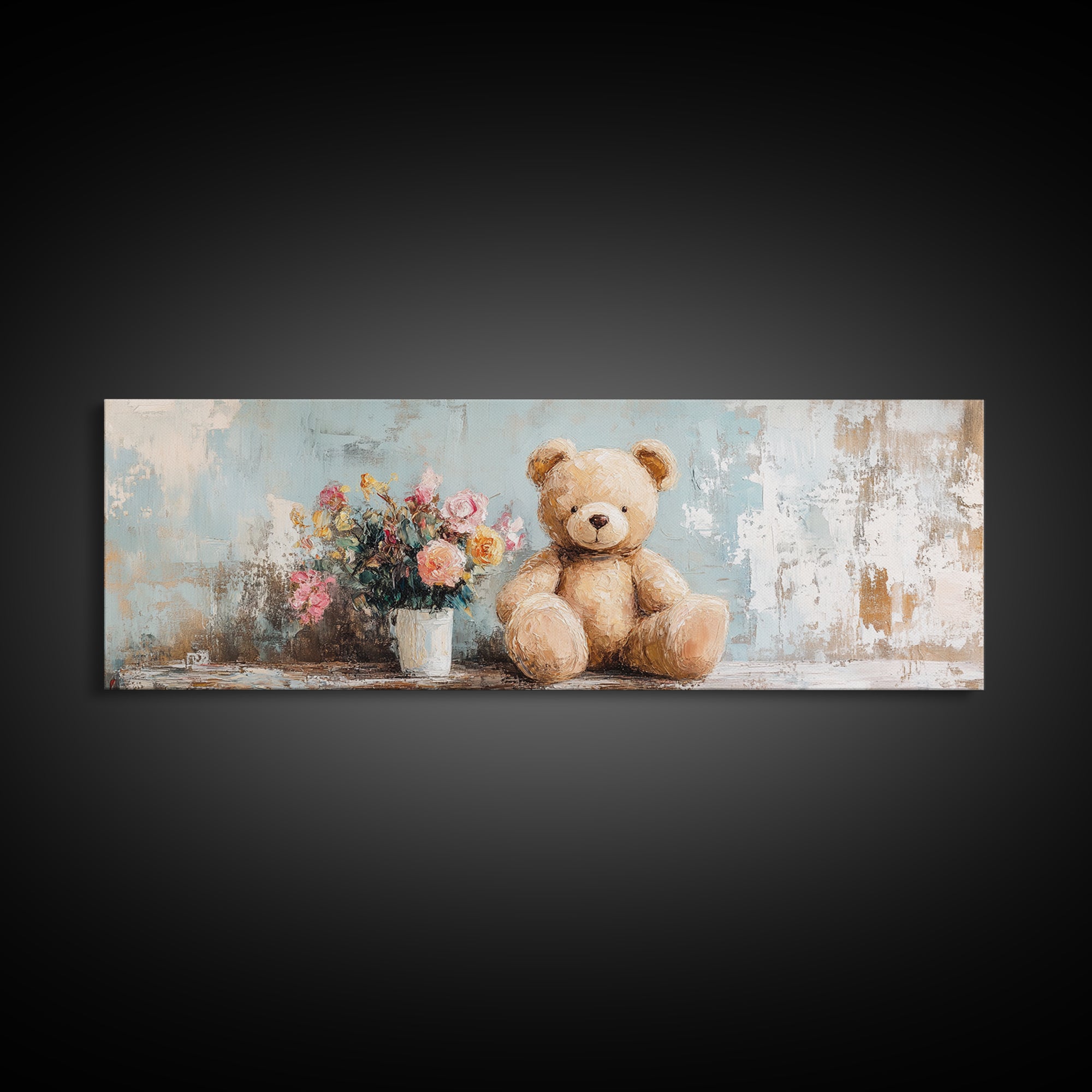 Teddy Bear With Flower Vase Canvas Print, Nursery Wall Art, Whimsical Kids Room Decor, Baby Shower Gift, Cute Animal Art