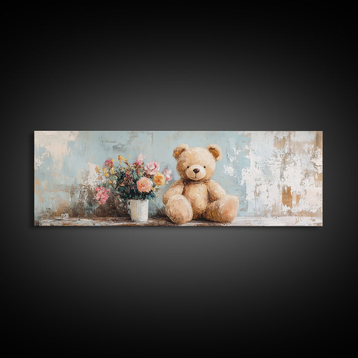 Teddy Bear With Flower Vase Canvas Print, Nursery Wall Art, Whimsical Kids Room Decor, Baby Shower Gift, Cute Animal Art