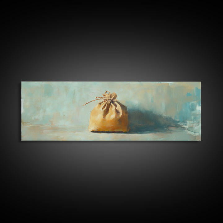 Small Burlap Drawstring Bag Canvas Print, Minimalist Wall Art, Rustic Home Decor, Neutral Still Life, Cozy Farmhouse Kitchen Art