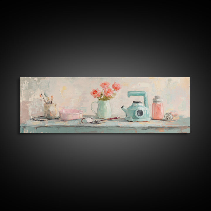 Pastel Vanity Shelf With Flowers Framed Canvas Print, Feminine Bathroom Wall Art, Beauty Room Decor, Gift For Her, Girly Decor