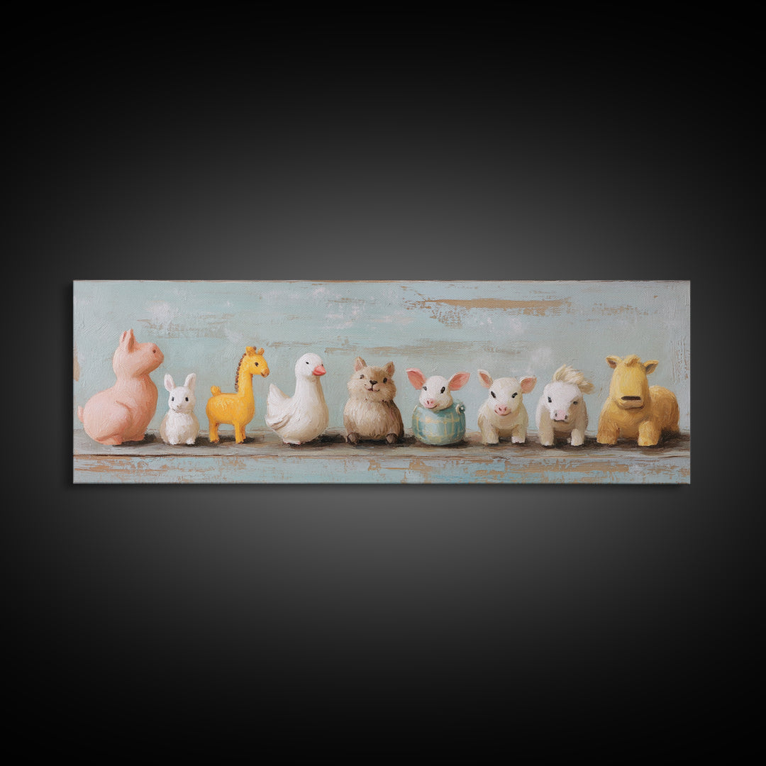 Cute Toy Animal Lineup Canvas Print, Whimsical Nursery Wall Art, Kids Room Decor, Playroom Art, Baby Animal Gift For Her