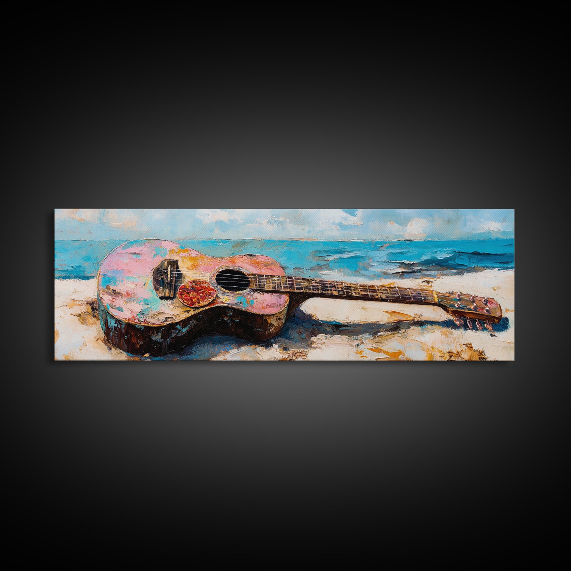Weathered Acoustic Guitar On Beach Canvas Print, Coastal Wall Art, Music Room Decor, Ocean Art Print, Gift For Guitar Lover