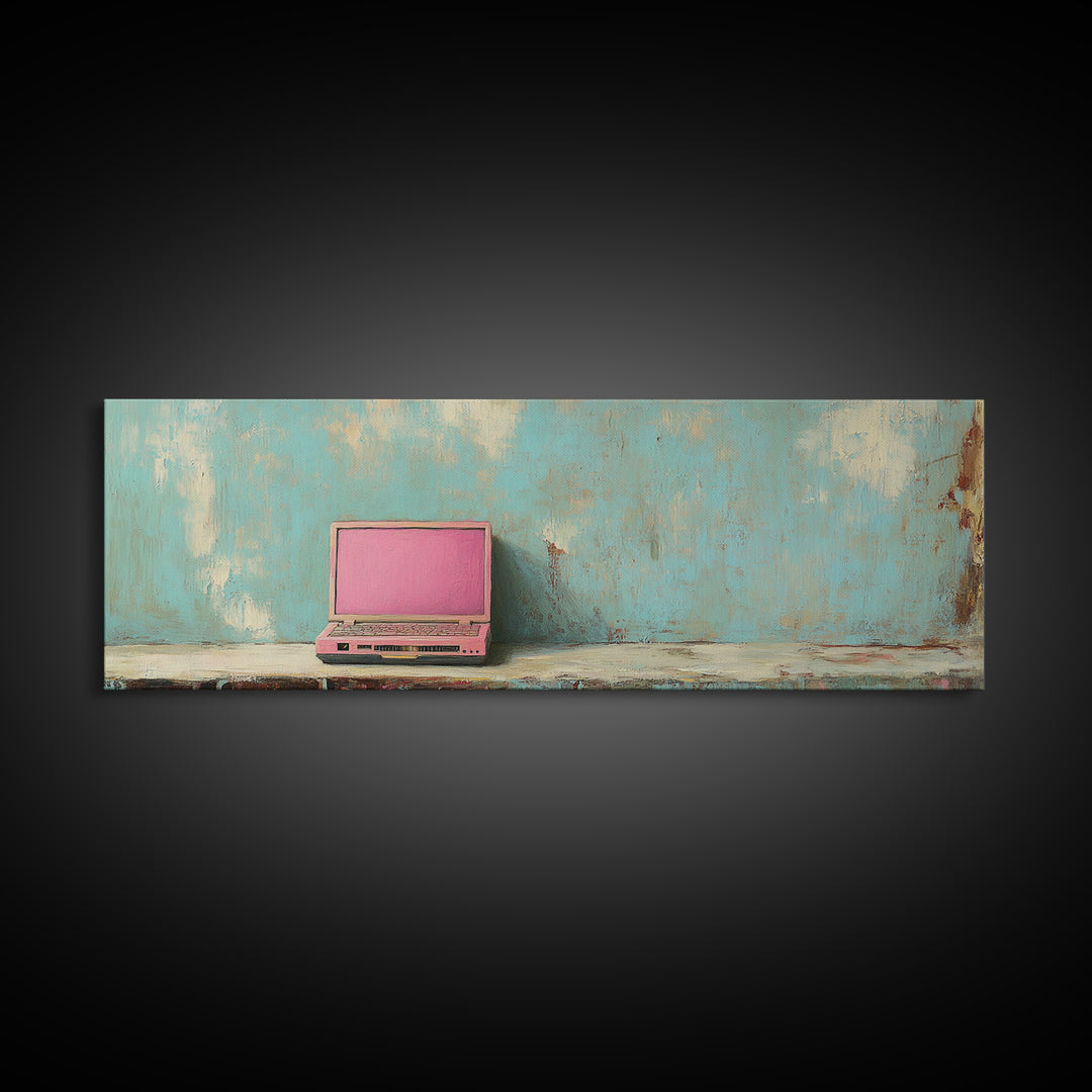 Pink Retro Laptop On Teal Shelf Wall Art, Minimalist Office Decor, Tech Art Print, Dorm Room Decor, Modern Wall Decor Gift