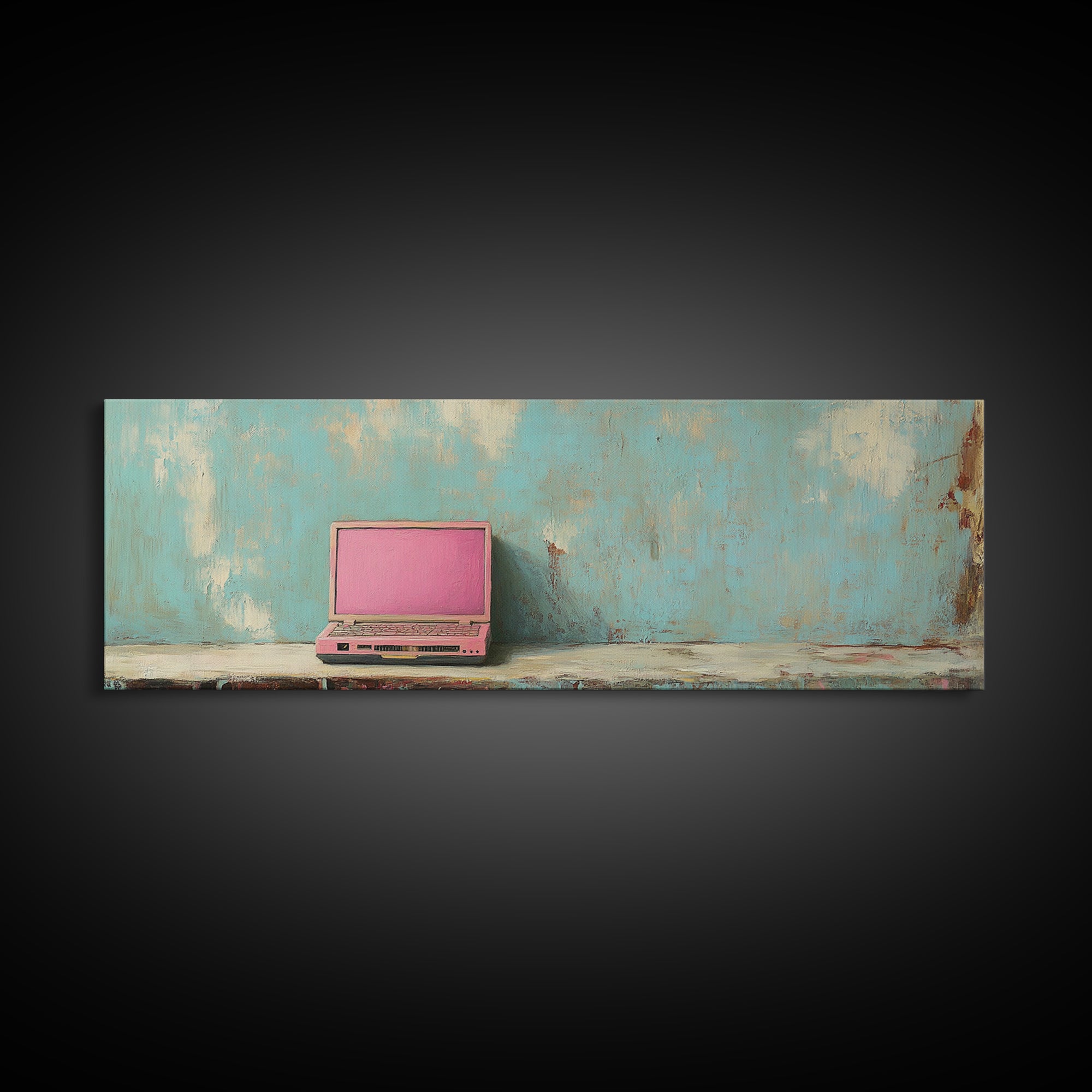 Pink Retro Laptop On Teal Shelf Wall Art, Minimalist Office Decor, Tech Art Print, Dorm Room Decor, Modern Wall Decor Gift
