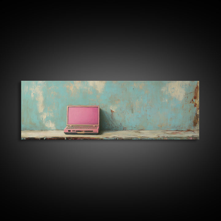 Pink Retro Laptop On Teal Shelf Wall Art, Minimalist Office Decor, Tech Art Print, Dorm Room Decor, Modern Wall Decor Gift