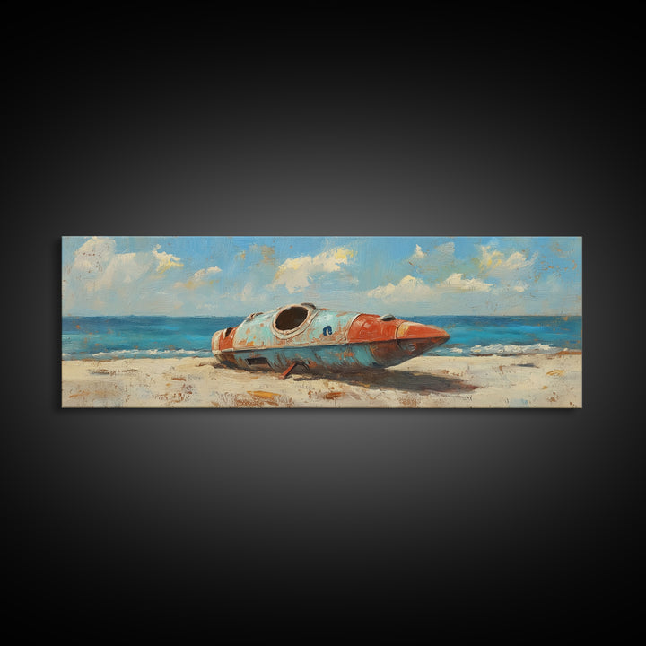 Retro Space Capsule On Beach Canvas Print, Coastal Sci Fi Wall Decor, Space Wall Art, Ocean Decor, Gift For Him, Beach House Decor