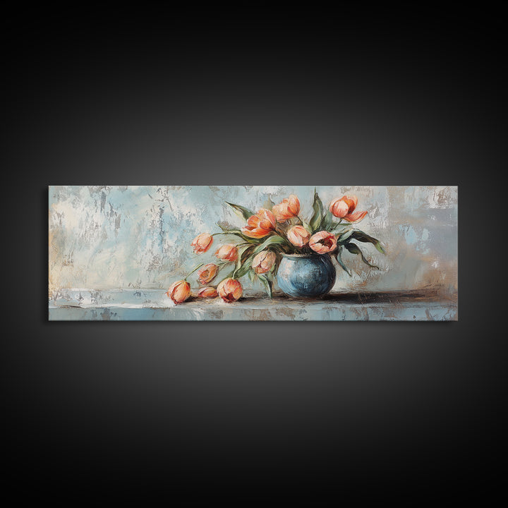 Orange Tulips In Blue Vase Framed Canvas Print, Rustic Floral Wall Art, Farmhouse Decor, Still Life Painting Gift For Her