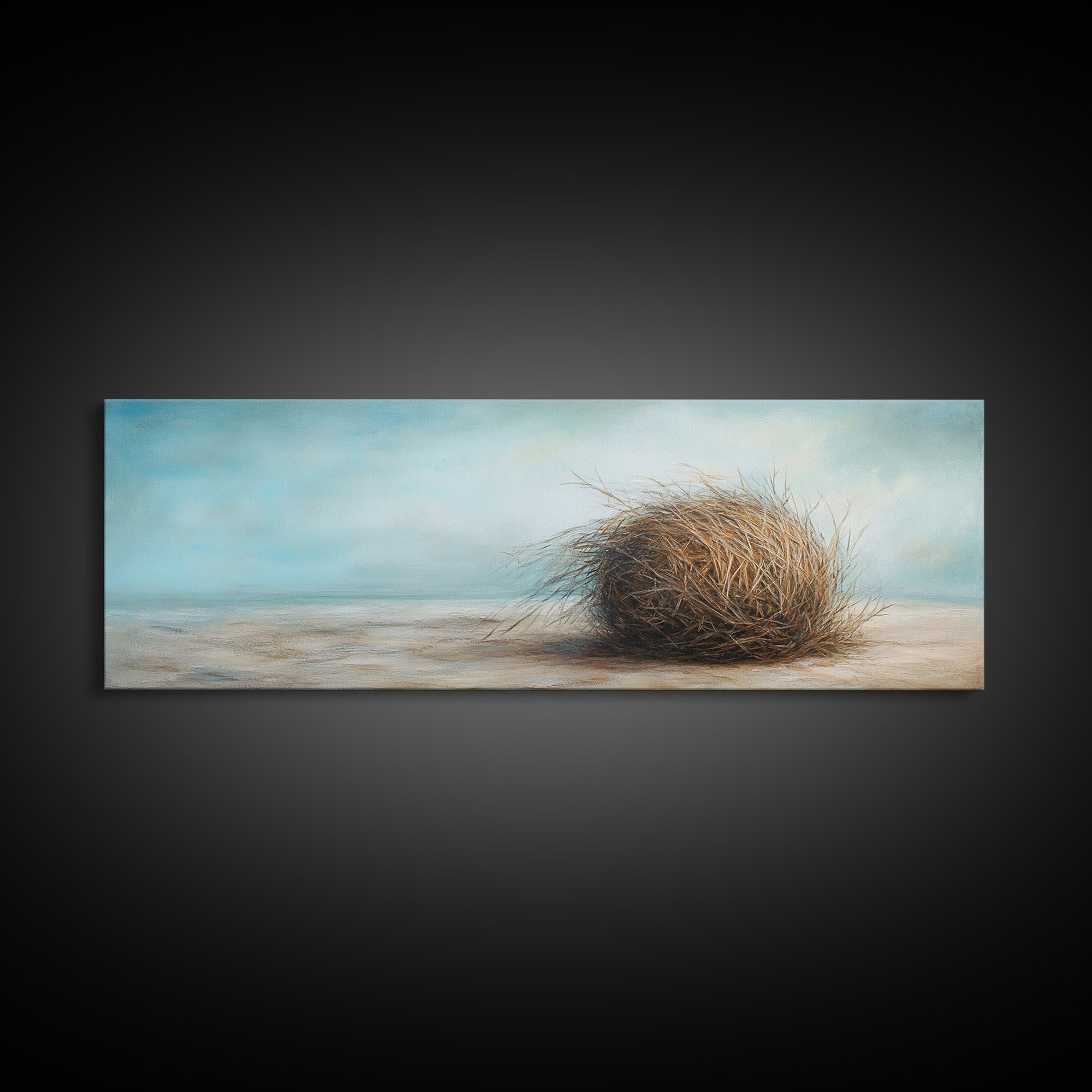 Coastal Tumbleweed On Sandy Shore Canvas Print, Neutral Beach Wall Art, Seascape Decor, Calm Ocean Landscape Painting Gift