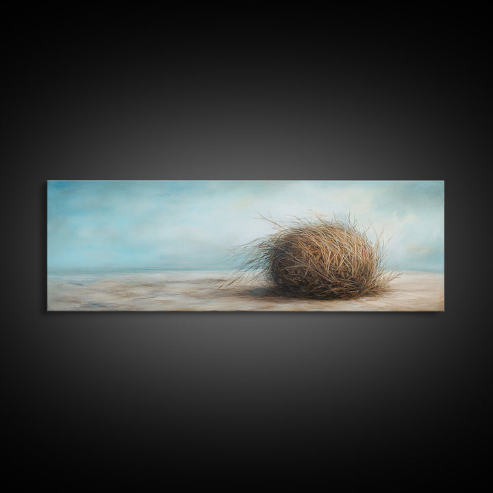 Coastal Tumbleweed On Sandy Shore Canvas Print, Neutral Beach Wall Art, Seascape Decor, Calm Ocean Landscape Painting Gift