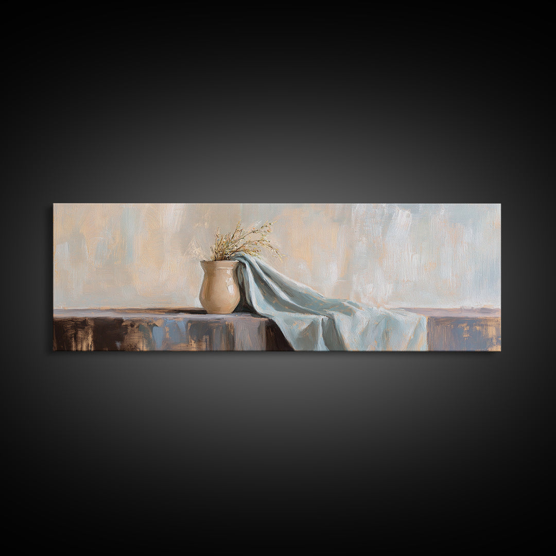 Beige Vase With Dried Grass And Blue Draped Cloth Wall Art, Wabi Sabi Canvas Print, Neutral Home Decor For Living Room Gift