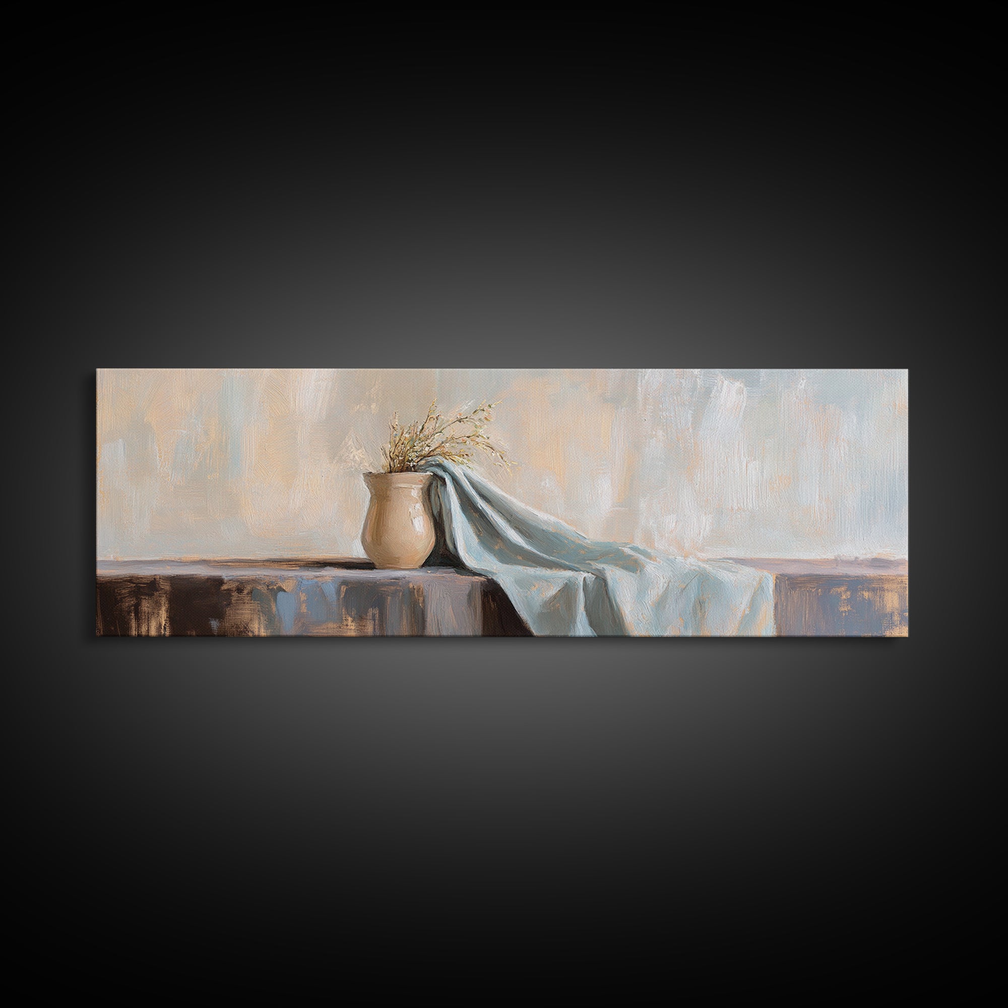 Beige Vase With Dried Grass And Blue Draped Cloth Wall Art, Wabi Sabi Canvas Print, Neutral Home Decor For Living Room Gift