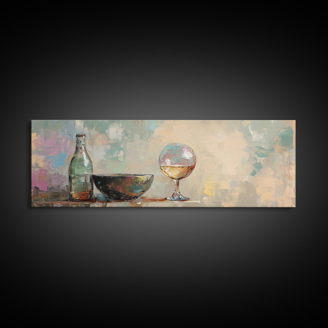 Bottle Bowl And Wine Glass Still Life Canvas Print, Modern Kitchen Wall Art, Dining Room Decor, Neutral Home Decor Gift For Her