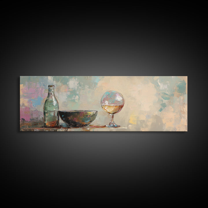 Bottle Bowl And Wine Glass Still Life Canvas Print, Modern Kitchen Wall Art, Dining Room Decor, Neutral Home Decor Gift For Her