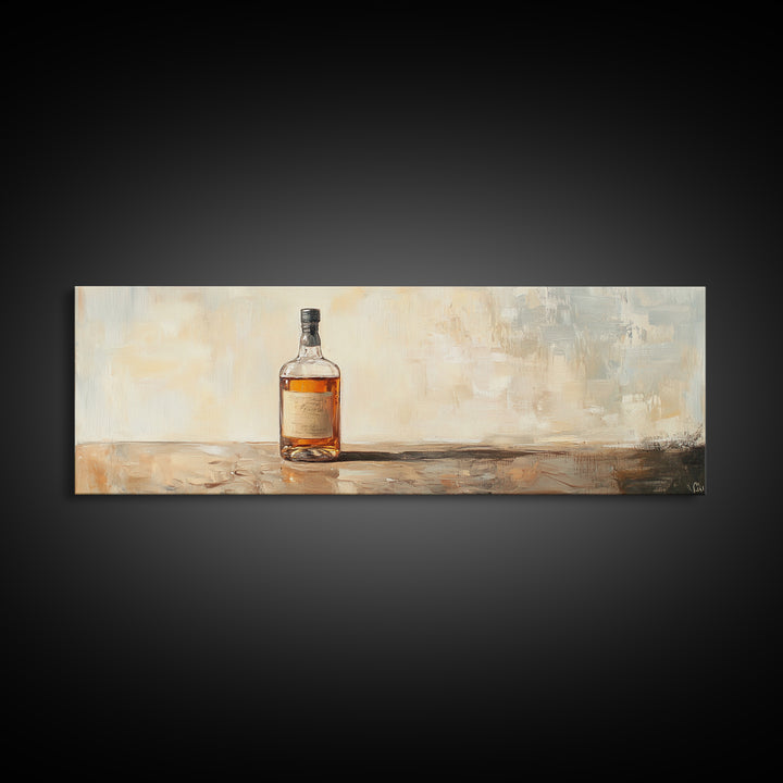 Amber Whiskey Bottle Still Life Framed Canvas Print, Bar Wall Art, Rustic Home Bar Decor, Masculine Man Cave Whiskey Lover Gift