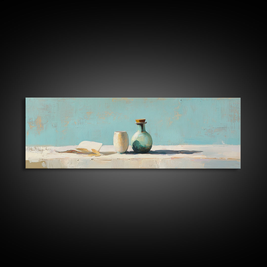 Turquoise Vase And Open Book Canvas Print, Minimalist Wall Art, Coastal Still Life Decor, Modern Japandi Living Room Art