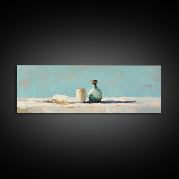 Turquoise Vase And Open Book Canvas Print, Minimalist Wall Art, Coastal Still Life Decor, Modern Japandi Living Room Art