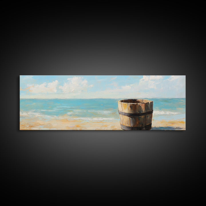Weathered Barrel On Sunny Beach Wall Art, Coastal Home Decor, Ocean Painting, Nautical Print, Beach House Gift, Seascape Art