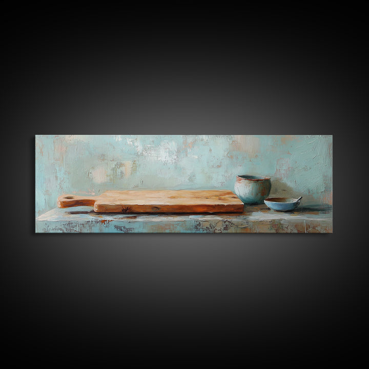 Wooden Cutting Board And Blue Pottery Wall Art, Rustic Kitchen Decor, Farmhouse Art Print, Still Life Painting, Home Decor