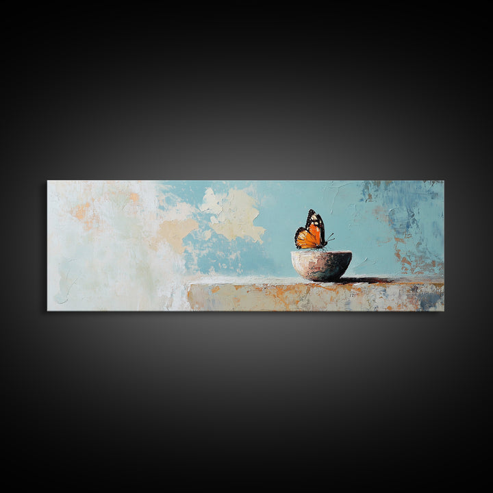 Orange Butterfly In Small Bowl Canvas Print, Blue Abstract Wall Art, Whimsical Animal Art, Modern Kitchen Decor Gift For Her