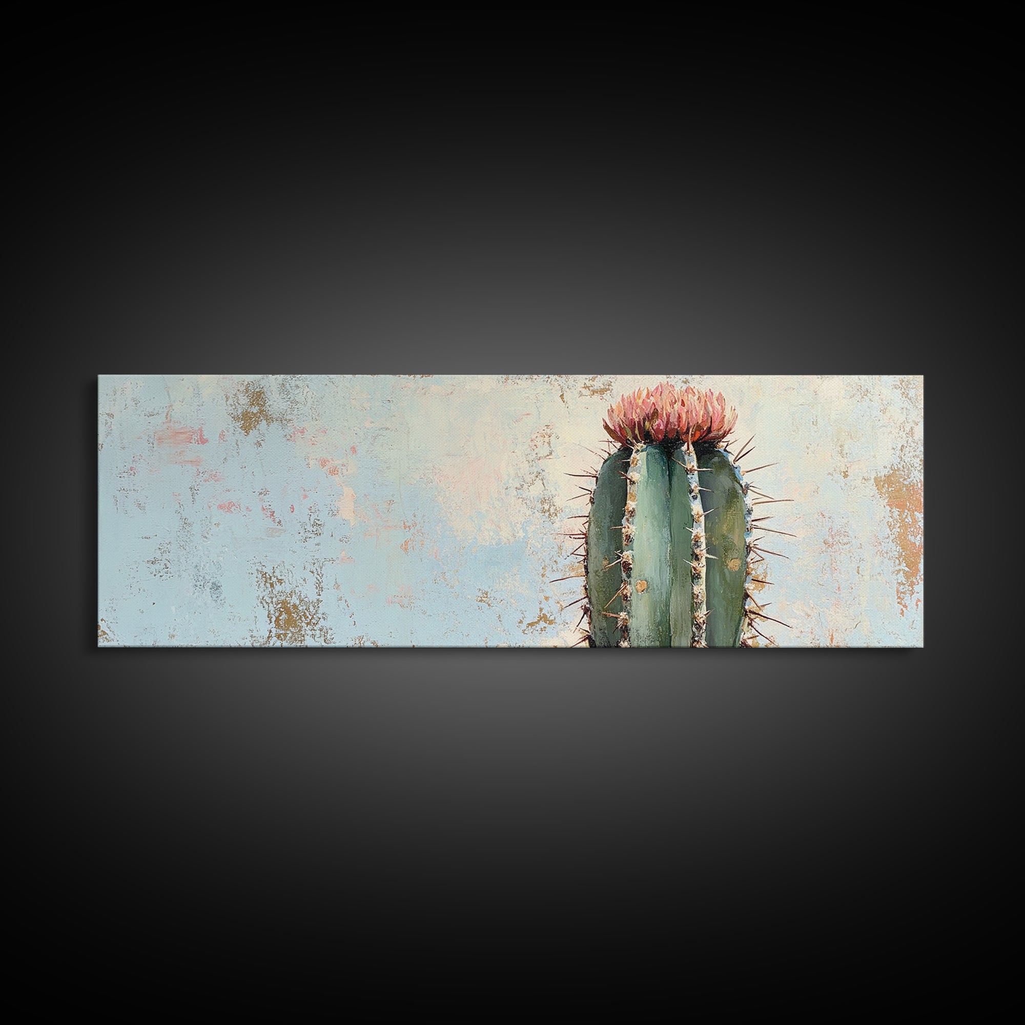 Tall Flowering Cactus Canvas Print, Minimalist Desert Wall Art, Southwestern Botanical Home Decor, Pink Cactus Gift For Her