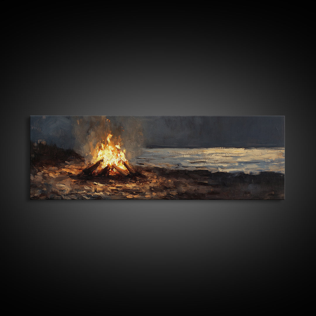 Moody Campfire By Dark Shore Wall Art, Rustic Cabin Canvas Print, Night Landscape Living Room Decor, Cozy Masculine Gift For Him