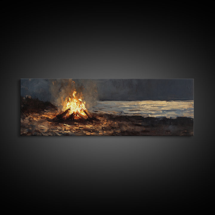 Moody Campfire By Dark Shore Wall Art, Rustic Cabin Canvas Print, Night Landscape Living Room Decor, Cozy Masculine Gift For Him