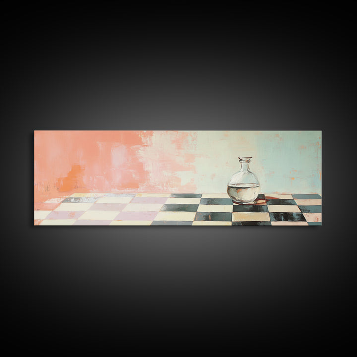Minimal Glass Bottle On Checkered Table Canvas Print, Pastel Kitchen Wall Art, Modern Minimalist Dining Room Home Decor Print