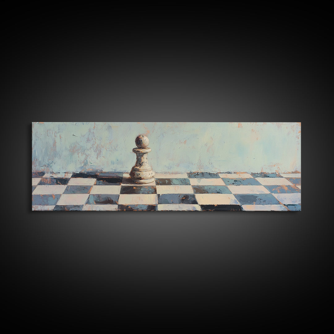 Lone Chess Pawn On Checkered Board Wall Art, Game Room Decor, Modern Office Canvas Print, Abstract Strategy Art Gift For Him