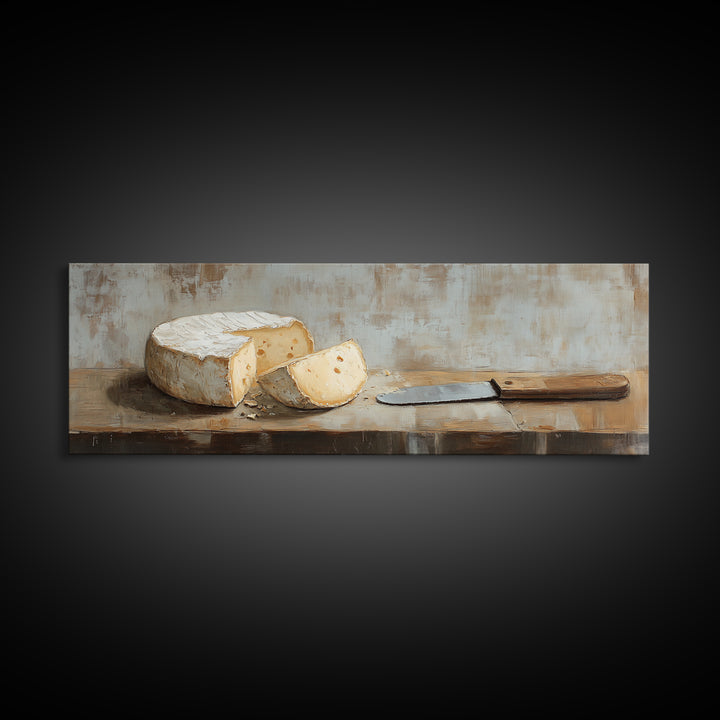 Brie Cheese And Knife Still Life Framed Canvas Print, Rustic Kitchen Wall Art, Farmhouse Dining Room Decor Foodie Gift For Chef