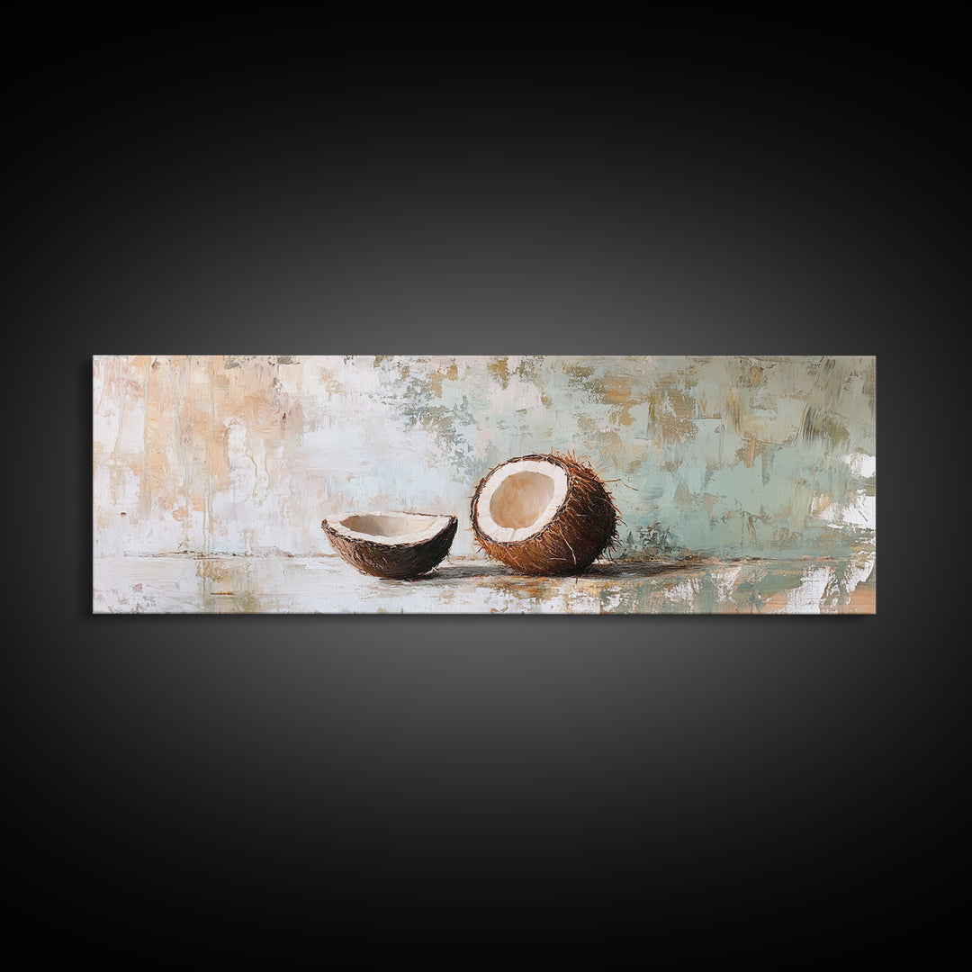 Cracked Coconut Still Life Canvas Print, Tropical Kitchen Wall Art, Coastal Decor, Beach House Decor, Food Illustration Print