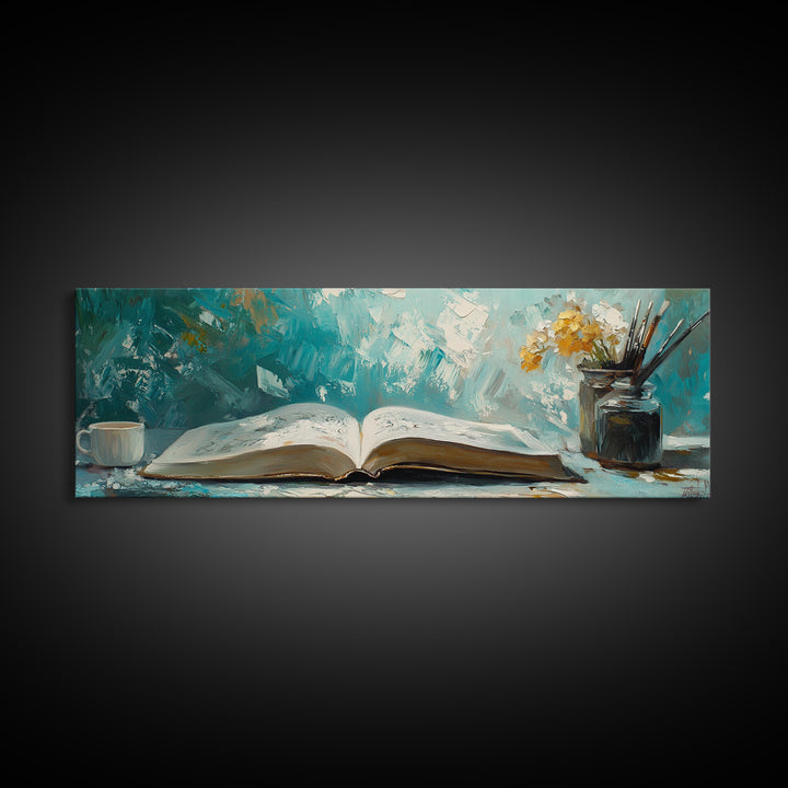 Open Book Still Life Wall Art, Cozy Reading Nook Decor, Library Art Print, Book Lover Gift, Teal Impasto Canvas For Living Room Home Decor