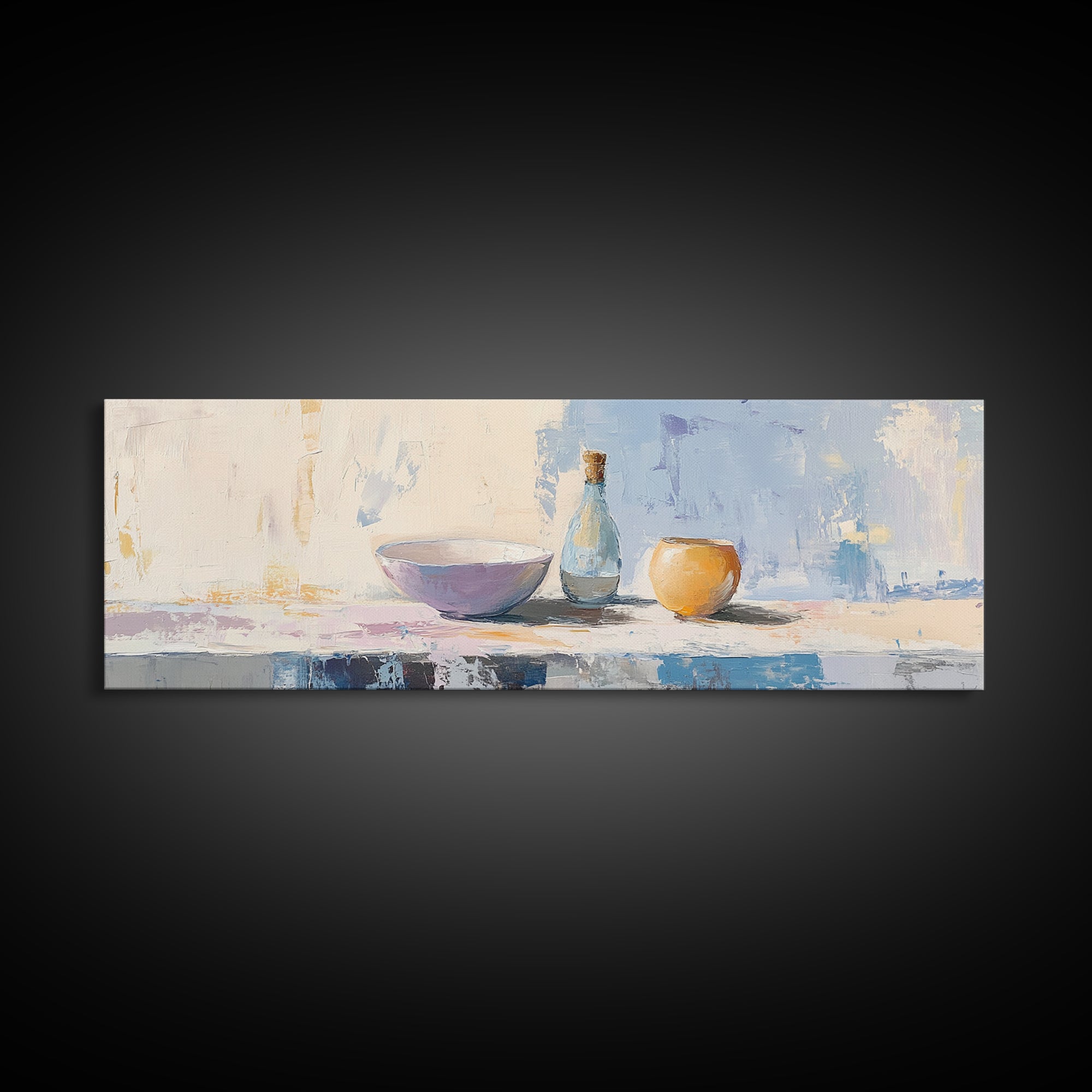 Pastel Bowl Bottle And Orange Canvas Print, Minimalist Kitchen Wall Art, Still Life Painting, Dining Room Decor Gift For Her