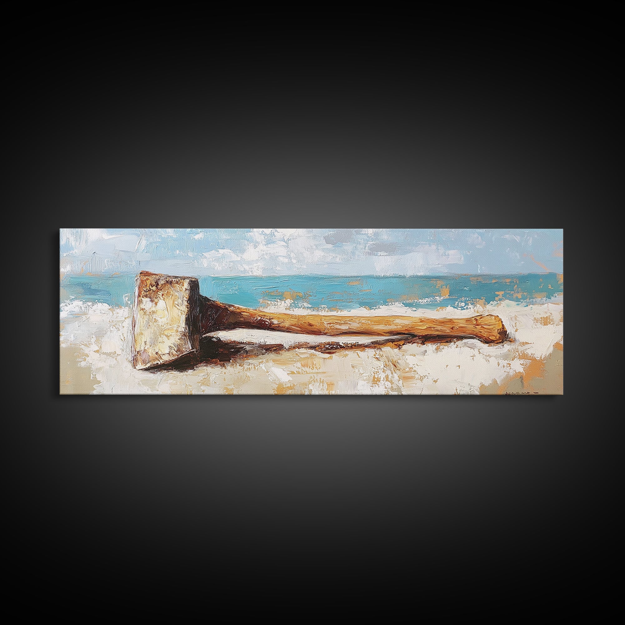 Weathered Axe On Sand Wall Art, Rustic Coastal Decor, Nautical Canvas Print, Beach House Artwork For Cabin Decor Gift For Him