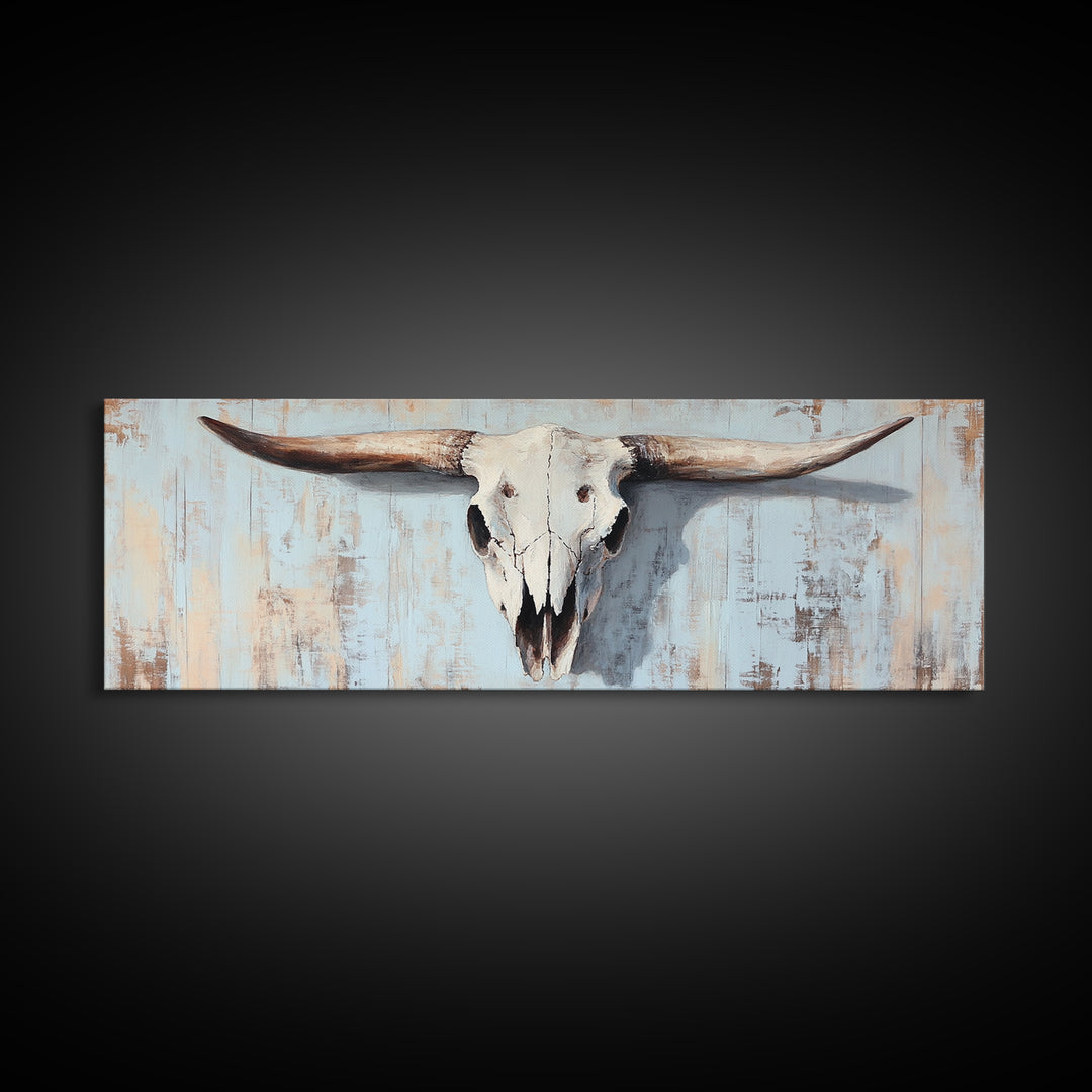 Longhorn Skull On Rustic Blue Wall Art, Western Cowboy Decor, Southwestern Farmhouse, Large Horizontal Ranch Housewarming Gift