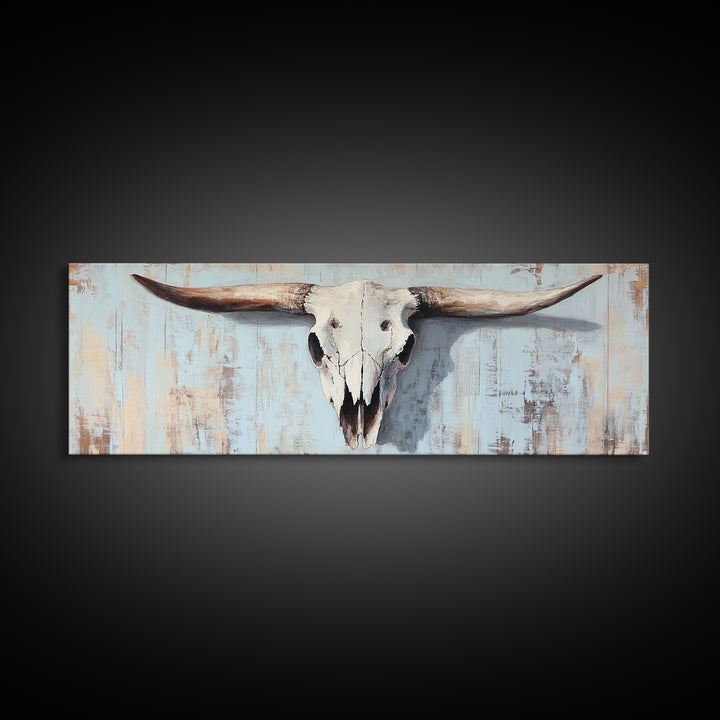 Longhorn Skull On Rustic Blue Wall Art, Western Cowboy Decor, Southwestern Farmhouse, Large Horizontal Ranch Housewarming Gift