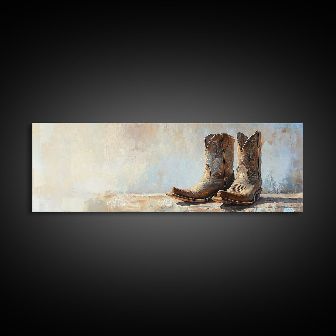 Weathered Cowboy Boots Framed Canvas Print, Western Wall Art, Rustic Ranch Decor, Southwestern Farmhouse Housewarming Gift