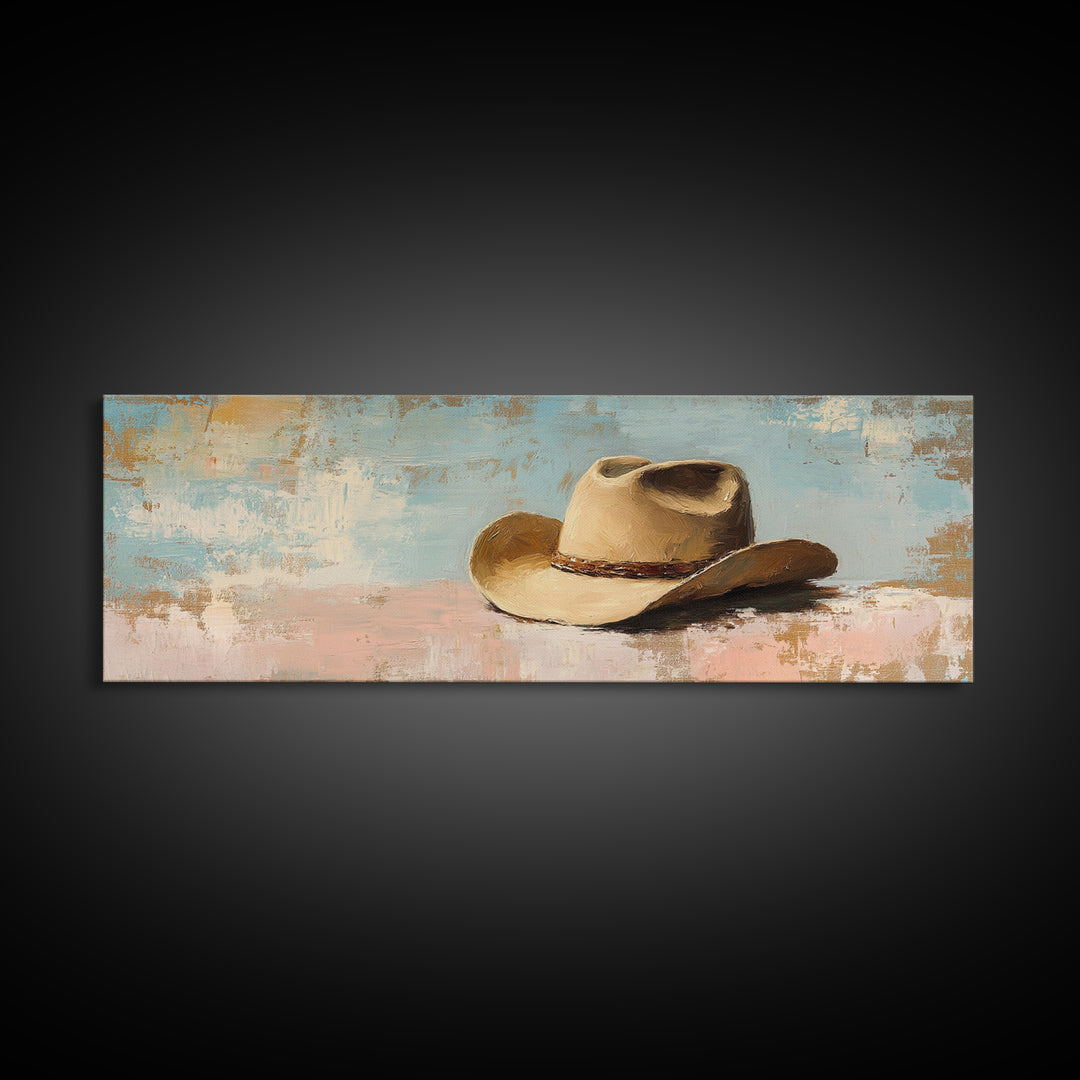 Tan Cowboy Hat On Pastel Blue Canvas Print, Western Wall Art, Rustic Ranch Decor, Southwestern Farmhouse, Neutral Bedroom Decor