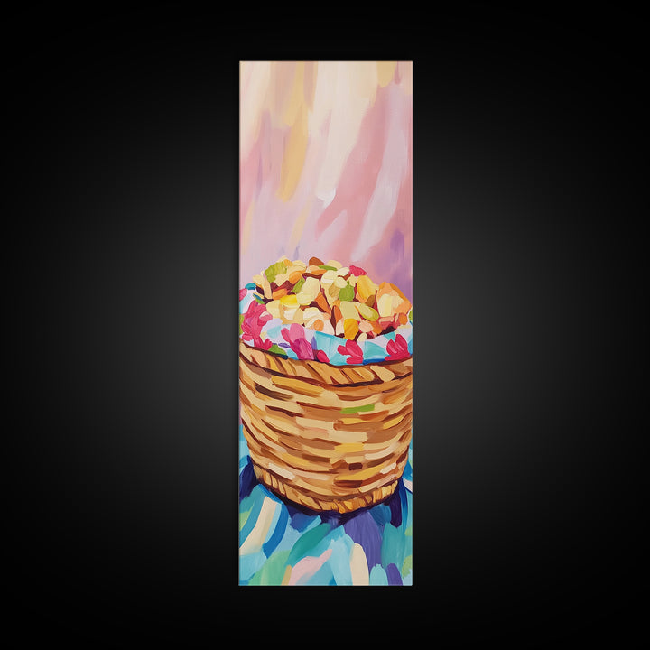 Woven Basket Of Colorful Sweets Canvas Print, Pastel Kitchen Wall Art, Bakery Decor, Cute Food Art Print, Housewarming Gift