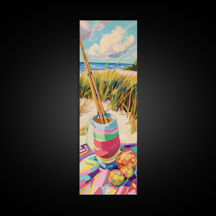 Striped Beach Bucket And Fishing Rods Canvas Print, Coastal Wall Art, Nautical Home Decor, Beach House Gift, Summer Decor