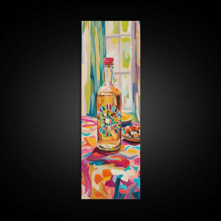 Colorful Tequila Bottle And Citrus Canvas Print, Mediterranean Kitchen Wall Art, Bar Cart Decor, Bright Dining Room Gift