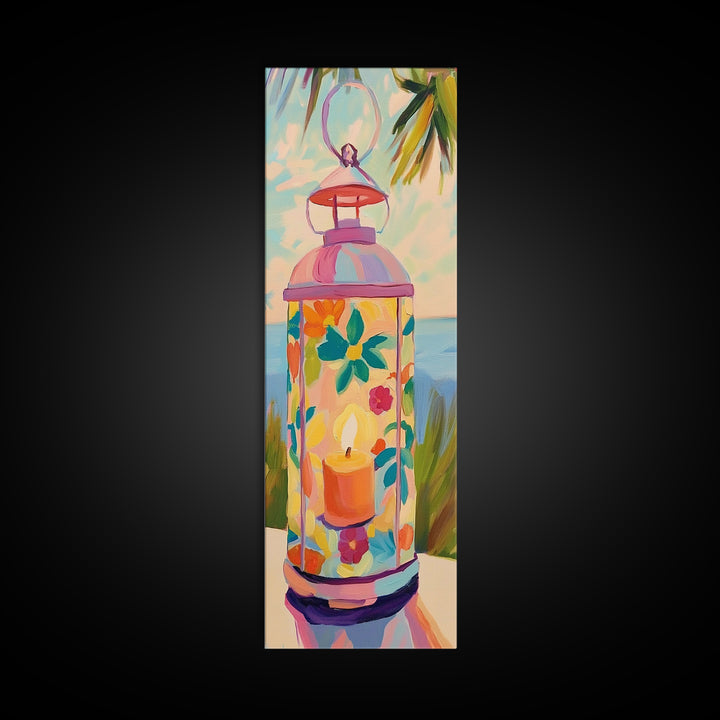 Pink Floral Candle Lantern Canvas Print, Coastal Wall Art, Tropical Beach House Decor, Bright Summer Patio Art For Living Room