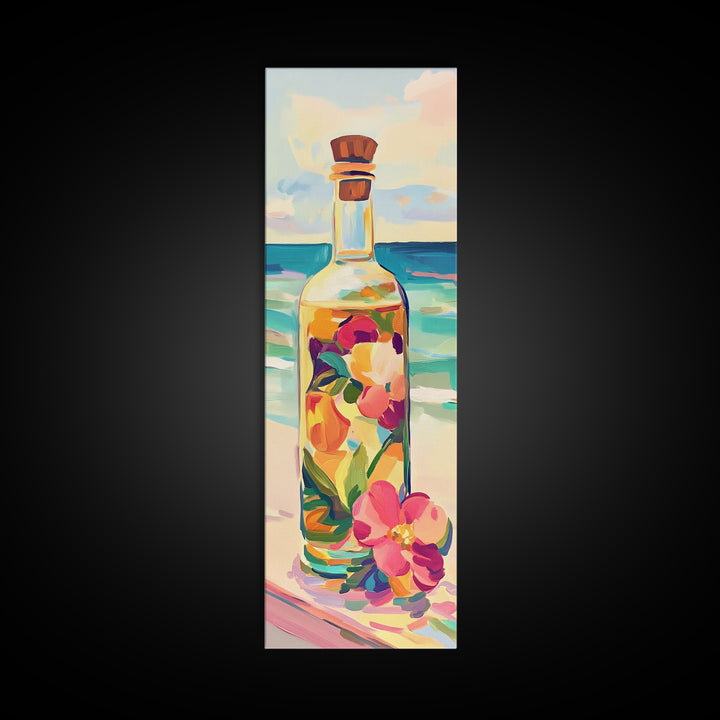 Floral Glass Bottle By Turquoise Sea Wall Art, Coastal Kitchen Decor, Beach House Art Print, Tropical Flowers Canvas Print