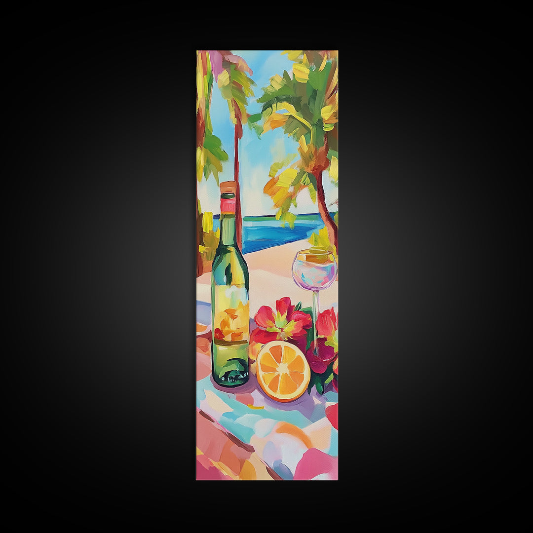 Tropical Wine Bottle And Citrus Still Life Wall Art, Beach House Decor, Coastal Kitchen Art, Summer Bar Cart Canvas Print