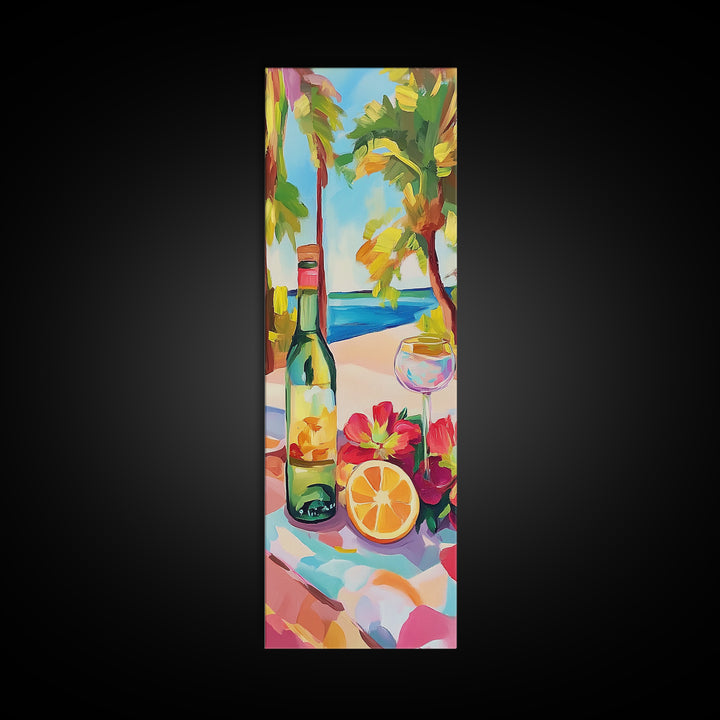 Tropical Wine Bottle And Citrus Still Life Wall Art, Beach House Decor, Coastal Kitchen Art, Summer Bar Cart Canvas Print