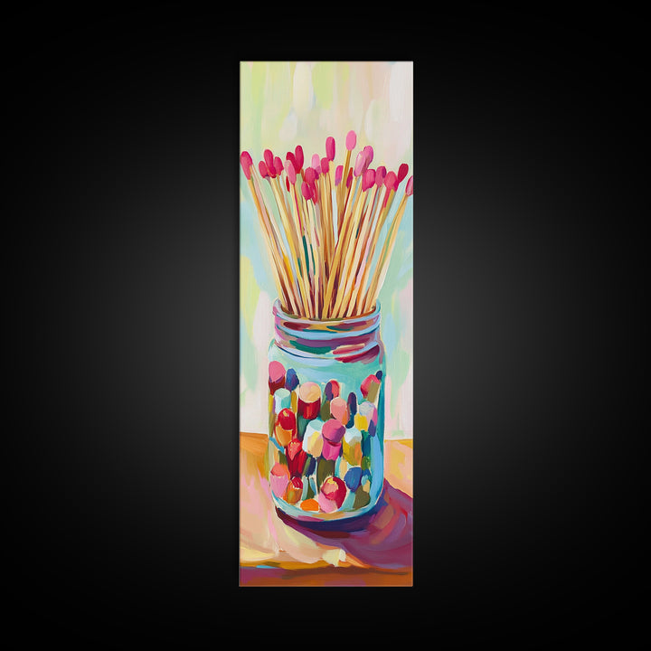 Colorful Matchstick Jar Canvas Print, Whimsical Kitchen Wall Art, Bright Still Life Painting, Fun Eclectic Home Decor Gift