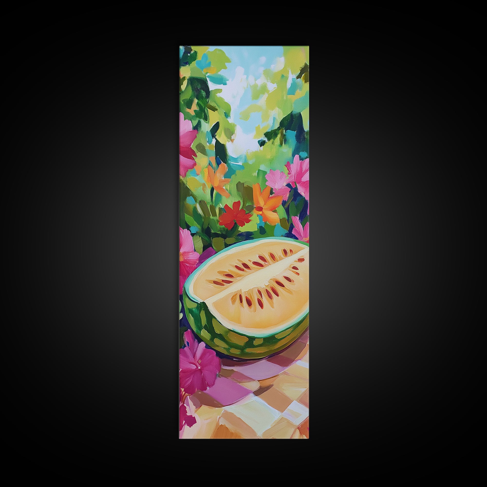 Sunlit Melon Slice In Garden Wall Art, Colorful Fruit Canvas Print, Tropical Kitchen Decor, Whimsical Summer Art Print Gift
