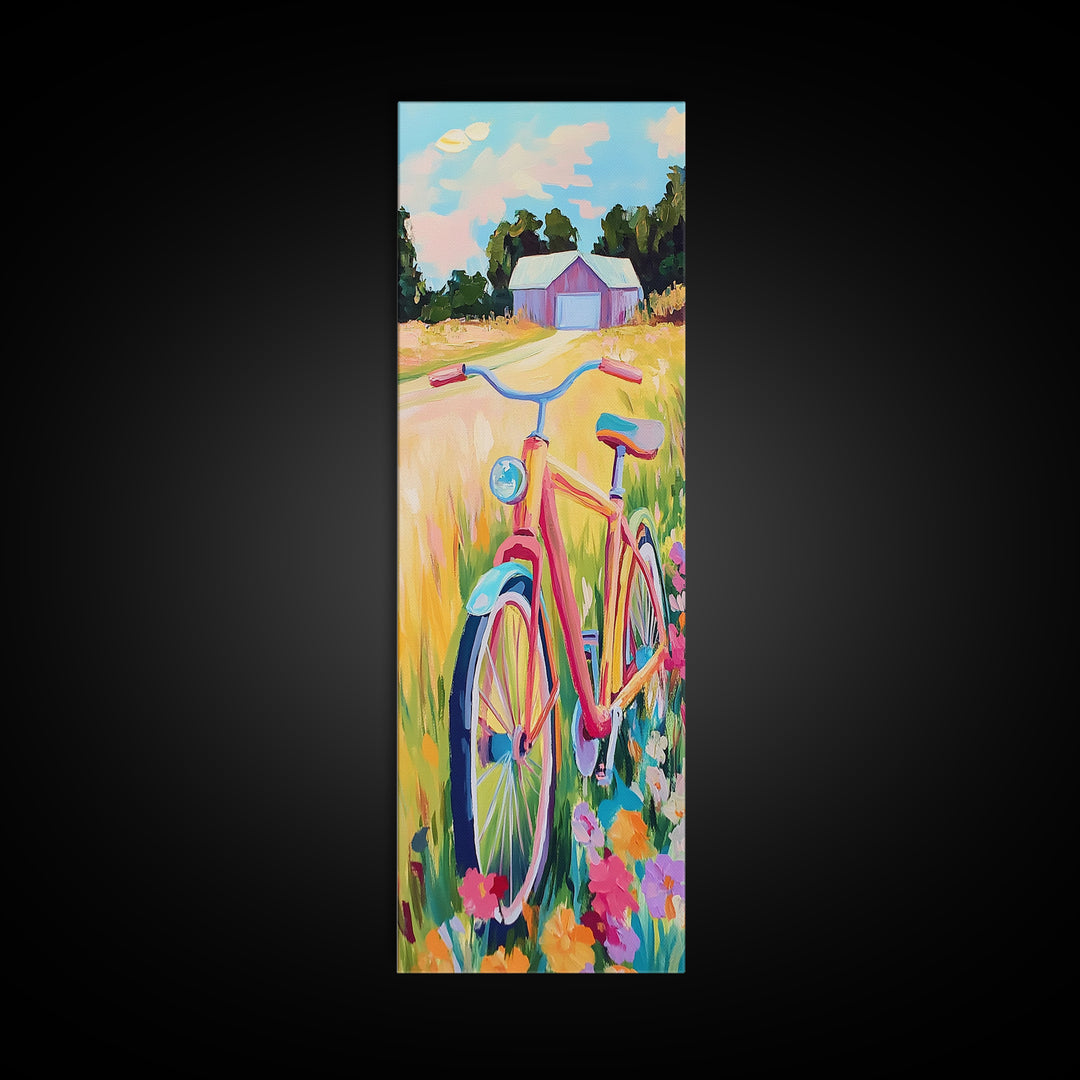 Pink Bicycle In Wildflower Meadow Wall Art, Rustic Country Canvas Print, Farmhouse Decor, Summer Landscape Art Gift For Her